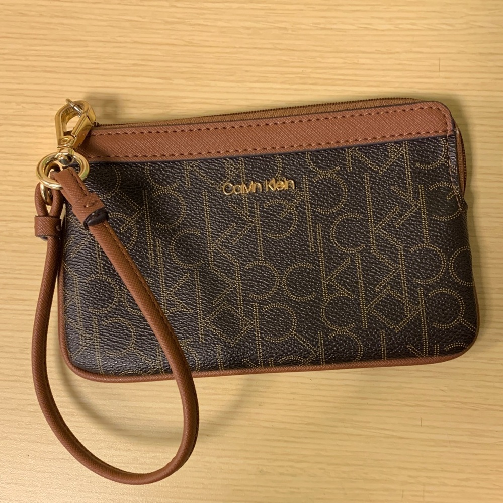 Calvin Klein Brown and Tan Wristlet with Gold Hardware